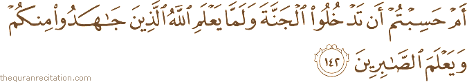 أَمْ حَسِبْتُمْ أَنْ تَدْخُلُوا الْجَنَّةَ وَلَمَّا يَعْلَمِ اللَّهُ الَّذِينَ جَاهَدُوا مِنْكُمْ وَيَعْلَمَ الصَّابِرِينَ