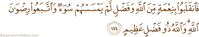 فَانْقَلَبُوا بِنِعْمَةٍ مِنَ اللَّهِ وَفَضْلٍ لَمْ يَمْسَسْهُمْ سُوءٌ وَاتَّبَعُوا رِضْوَانَ اللَّهِ ۗ وَاللَّهُ ذُو فَضْلٍ عَظِيمٍ