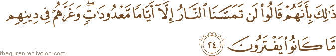 ذَٰلِكَ بِأَنَّهُمْ قَالُوا لَنْ تَمَسَّنَا النَّارُ إِلَّا أَيَّامًا مَعْدُودَاتٍ ۖ وَغَرَّهُمْ فِي دِينِهِمْ مَا كَانُوا يَفْتَرُونَ