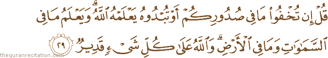 قُلْ إِنْ تُخْفُوا مَا فِي صُدُورِكُمْ أَوْ تُبْدُوهُ يَعْلَمْهُ اللَّهُ ۗ وَيَعْلَمُ مَا فِي السَّمَاوَاتِ وَمَا فِي الْأَرْضِ ۗ وَاللَّهُ عَلَىٰ كُلِّ شَيْءٍ قَدِيرٌ