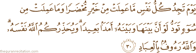يَوْمَ تَجِدُ كُلُّ نَفْسٍ مَا عَمِلَتْ مِنْ خَيْرٍ مُحْضَرًا وَمَا عَمِلَتْ مِنْ سُوءٍ تَوَدُّ لَوْ أَنَّ بَيْنَهَا وَبَيْنَهُ أَمَدًا بَعِيدًا ۗ وَيُحَذِّرُكُمُ اللَّهُ نَفْسَهُ ۗ وَاللَّهُ رَءُوفٌ بِالْعِبَادِ