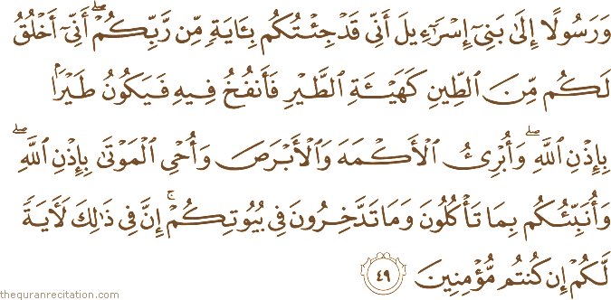 وَرَسُولًا إِلَىٰ بَنِي إِسْرَائِيلَ أَنِّي قَدْ جِئْتُكُمْ بِآيَةٍ مِنْ رَبِّكُمْ ۖ أَنِّي أَخْلُقُ لَكُمْ مِنَ الطِّينِ كَهَيْئَةِ الطَّيْرِ فَأَنْفُخُ فِيهِ فَيَكُونُ طَيْرًا بِإِذْنِ اللَّهِ ۖ وَأُبْرِئُ الْأَكْمَهَ وَالْأَبْرَصَ وَأُحْيِي الْمَوْتَىٰ بِإِذْنِ اللَّهِ ۖ وَأُنَبِّئُكُمْ بِمَا تَأْكُلُونَ وَمَا تَدَّخِرُونَ فِي بُيُوتِكُمْ ۚ إِنَّ فِي ذَٰلِكَ لَآيَةً لَكُمْ إِنْ كُنْتُمْ مُؤْمِنِينَ