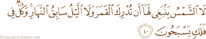 لَا الشَّمْسُ يَنْبَغِي لَهَا أَنْ تُدْرِكَ الْقَمَرَ وَلَا اللَّيْلُ سَابِقُ النَّهَارِ ۚ وَكُلٌّ فِي فَلَكٍ يَسْبَحُونَ