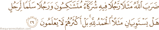 ضَرَبَ اللَّهُ مَثَلًا رَجُلًا فِيهِ شُرَكَاءُ مُتَشَاكِسُونَ وَرَجُلًا سَلَمًا لِرَجُلٍ هَلْ يَسْتَوِيَانِ مَثَلًا ۚ الْحَمْدُ لِلَّهِ ۚ بَلْ أَكْثَرُهُمْ لَا يَعْلَمُونَ