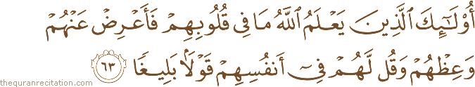 أُولَٰئِكَ الَّذِينَ يَعْلَمُ اللَّهُ مَا فِي قُلُوبِهِمْ فَأَعْرِضْ عَنْهُمْ وَعِظْهُمْ وَقُلْ لَهُمْ فِي أَنْفُسِهِمْ قَوْلًا بَلِيغًا
