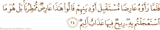 فَلَمَّا رَأَوْهُ عَارِضًا مُسْتَقْبِلَ أَوْدِيَتِهِمْ قَالُوا هَٰذَا عَارِضٌ مُمْطِرُنَا ۚ بَلْ هُوَ مَا اسْتَعْجَلْتُمْ بِهِ ۖ رِيحٌ فِيهَا عَذَابٌ أَلِيمٌ