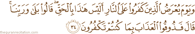 وَيَوْمَ يُعْرَضُ الَّذِينَ كَفَرُوا عَلَى النَّارِ أَلَيْسَ هَٰذَا بِالْحَقِّ ۖ قَالُوا بَلَىٰ وَرَبِّنَا ۚ قَالَ فَذُوقُوا الْعَذَابَ بِمَا كُنْتُمْ تَكْفُرُونَ