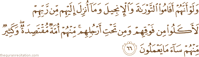 وَلَوْ أَنَّهُمْ أَقَامُوا التَّوْرَاةَ وَالْإِنْجِيلَ وَمَا أُنْزِلَ إِلَيْهِمْ مِنْ رَبِّهِمْ لَأَكَلُوا مِنْ فَوْقِهِمْ وَمِنْ تَحْتِ أَرْجُلِهِمْ ۚ مِنْهُمْ أُمَّةٌ مُقْتَصِدَةٌ ۖ وَكَثِيرٌ مِنْهُمْ سَاءَ مَا يَعْمَلُونَ