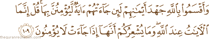 وَأَقْسَمُوا بِاللَّهِ جَهْدَ أَيْمَانِهِمْ لَئِنْ جَاءَتْهُمْ آيَةٌ لَيُؤْمِنُنَّ بِهَا ۚ قُلْ إِنَّمَا الْآيَاتُ عِنْدَ اللَّهِ ۖ وَمَا يُشْعِرُكُمْ أَنَّهَا إِذَا جَاءَتْ لَا يُؤْمِنُونَ