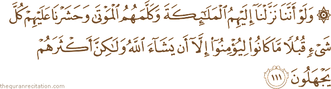 وَلَوْ أَنَّنَا نَزَّلْنَا إِلَيْهِمُ الْمَلَائِكَةَ وَكَلَّمَهُمُ الْمَوْتَىٰ وَحَشَرْنَا عَلَيْهِمْ كُلَّ شَيْءٍ قُبُلًا مَا كَانُوا لِيُؤْمِنُوا إِلَّا أَنْ يَشَاءَ اللَّهُ وَلَٰكِنَّ أَكْثَرَهُمْ يَجْهَلُونَ