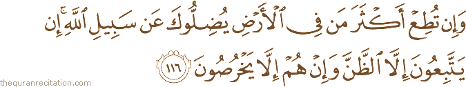 وَإِنْ تُطِعْ أَكْثَرَ مَنْ فِي الْأَرْضِ يُضِلُّوكَ عَنْ سَبِيلِ اللَّهِ ۚ إِنْ يَتَّبِعُونَ إِلَّا الظَّنَّ وَإِنْ هُمْ إِلَّا يَخْرُصُونَ