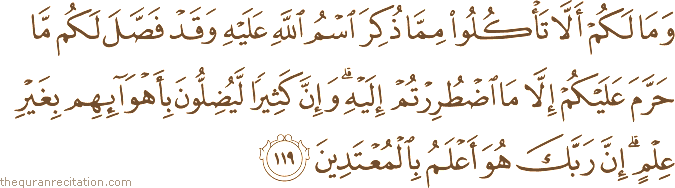 وَمَا لَكُمْ أَلَّا تَأْكُلُوا مِمَّا ذُكِرَ اسْمُ اللَّهِ عَلَيْهِ وَقَدْ فَصَّلَ لَكُمْ مَا حَرَّمَ عَلَيْكُمْ إِلَّا مَا اضْطُرِرْتُمْ إِلَيْهِ ۗ وَإِنَّ كَثِيرًا لَيُضِلُّونَ بِأَهْوَائِهِمْ بِغَيْرِ عِلْمٍ ۗ إِنَّ رَبَّكَ هُوَ أَعْلَمُ بِالْمُعْتَدِينَ
