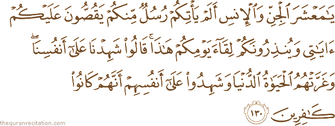 يَا مَعْشَرَ الْجِنِّ وَالْإِنْسِ أَلَمْ يَأْتِكُمْ رُسُلٌ مِنْكُمْ يَقُصُّونَ عَلَيْكُمْ آيَاتِي وَيُنْذِرُونَكُمْ لِقَاءَ يَوْمِكُمْ هَٰذَا ۚ قَالُوا شَهِدْنَا عَلَىٰ أَنْفُسِنَا ۖ وَغَرَّتْهُمُ الْحَيَاةُ الدُّنْيَا وَشَهِدُوا عَلَىٰ أَنْفُسِهِمْ أَنَّهُمْ كَانُوا كَافِرِينَ