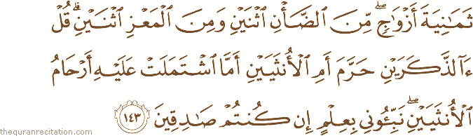 ثَمَانِيَةَ أَزْوَاجٍ ۖ مِنَ الضَّأْنِ اثْنَيْنِ وَمِنَ الْمَعْزِ اثْنَيْنِ ۗ قُلْ آلذَّكَرَيْنِ حَرَّمَ أَمِ الْأُنْثَيَيْنِ أَمَّا اشْتَمَلَتْ عَلَيْهِ أَرْحَامُ الْأُنْثَيَيْنِ ۖ نَبِّئُونِي بِعِلْمٍ إِنْ كُنْتُمْ صَادِقِينَ