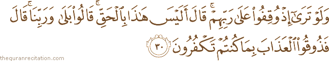 وَلَوْ تَرَىٰ إِذْ وُقِفُوا عَلَىٰ رَبِّهِمْ ۚ قَالَ أَلَيْسَ هَٰذَا بِالْحَقِّ ۚ قَالُوا بَلَىٰ وَرَبِّنَا ۚ قَالَ فَذُوقُوا الْعَذَابَ بِمَا كُنْتُمْ تَكْفُرُونَ