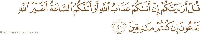 قُلْ أَرَأَيْتَكُمْ إِنْ أَتَاكُمْ عَذَابُ اللَّهِ أَوْ أَتَتْكُمُ السَّاعَةُ أَغَيْرَ اللَّهِ تَدْعُونَ إِنْ كُنْتُمْ صَادِقِينَ