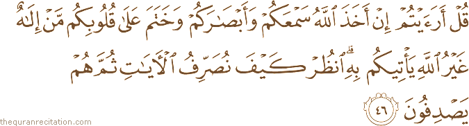 قُلْ أَرَأَيْتُمْ إِنْ أَخَذَ اللَّهُ سَمْعَكُمْ وَأَبْصَارَكُمْ وَخَتَمَ عَلَىٰ قُلُوبِكُمْ مَنْ إِلَٰهٌ غَيْرُ اللَّهِ يَأْتِيكُمْ بِهِ ۗ انْظُرْ كَيْفَ نُصَرِّفُ الْآيَاتِ ثُمَّ هُمْ يَصْدِفُونَ