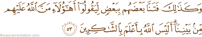 وَكَذَٰلِكَ فَتَنَّا بَعْضَهُمْ بِبَعْضٍ لِيَقُولُوا أَهَٰؤُلَاءِ مَنَّ اللَّهُ عَلَيْهِمْ مِنْ بَيْنِنَا ۗ أَلَيْسَ اللَّهُ بِأَعْلَمَ بِالشَّاكِرِينَ