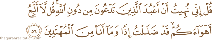 قُلْ إِنِّي نُهِيتُ أَنْ أَعْبُدَ الَّذِينَ تَدْعُونَ مِنْ دُونِ اللَّهِ ۚ قُلْ لَا أَتَّبِعُ أَهْوَاءَكُمْ ۙ قَدْ ضَلَلْتُ إِذًا وَمَا أَنَا مِنَ الْمُهْتَدِينَ