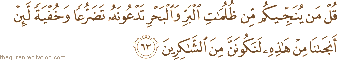 قُلْ مَنْ يُنَجِّيكُمْ مِنْ ظُلُمَاتِ الْبَرِّ وَالْبَحْرِ تَدْعُونَهُ تَضَرُّعًا وَخُفْيَةً لَئِنْ أَنْجَانَا مِنْ هَٰذِهِ لَنَكُونَنَّ مِنَ الشَّاكِرِينَ