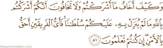 وَكَيْفَ أَخَافُ مَا أَشْرَكْتُمْ وَلَا تَخَافُونَ أَنَّكُمْ أَشْرَكْتُمْ بِاللَّهِ مَا لَمْ يُنَزِّلْ بِهِ عَلَيْكُمْ سُلْطَانًا ۚ فَأَيُّ الْفَرِيقَيْنِ أَحَقُّ بِالْأَمْنِ ۖ إِنْ كُنْتُمْ تَعْلَمُونَ