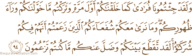وَلَقَدْ جِئْتُمُونَا فُرَادَىٰ كَمَا خَلَقْنَاكُمْ أَوَّلَ مَرَّةٍ وَتَرَكْتُمْ مَا خَوَّلْنَاكُمْ وَرَاءَ ظُهُورِكُمْ ۖ وَمَا نَرَىٰ مَعَكُمْ شُفَعَاءَكُمُ الَّذِينَ زَعَمْتُمْ أَنَّهُمْ فِيكُمْ شُرَكَاءُ ۚ لَقَدْ تَقَطَّعَ بَيْنَكُمْ وَضَلَّ عَنْكُمْ مَا كُنْتُمْ تَزْعُمُونَ