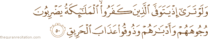 وَلَوْ تَرَىٰ إِذْ يَتَوَفَّى الَّذِينَ كَفَرُوا ۙ الْمَلَائِكَةُ يَضْرِبُونَ وُجُوهَهُمْ وَأَدْبَارَهُمْ وَذُوقُوا عَذَابَ الْحَرِيقِ