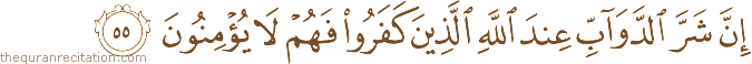 إِنَّ شَرَّ الدَّوَابِّ عِنْدَ اللَّهِ الَّذِينَ كَفَرُوا فَهُمْ لَا يُؤْمِنُونَ