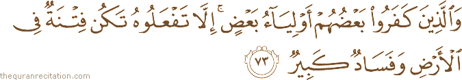 وَالَّذِينَ كَفَرُوا بَعْضُهُمْ أَوْلِيَاءُ بَعْضٍ ۚ إِلَّا تَفْعَلُوهُ تَكُنْ فِتْنَةٌ فِي الْأَرْضِ وَفَسَادٌ كَبِيرٌ