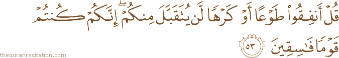 قُلْ أَنْفِقُوا طَوْعًا أَوْ كَرْهًا لَنْ يُتَقَبَّلَ مِنْكُمْ ۖ إِنَّكُمْ كُنْتُمْ قَوْمًا فَاسِقِينَ