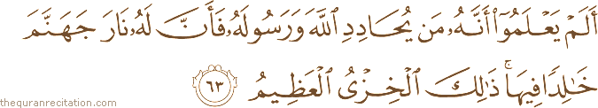 أَلَمْ يَعْلَمُوا أَنَّهُ مَنْ يُحَادِدِ اللَّهَ وَرَسُولَهُ فَأَنَّ لَهُ نَارَ جَهَنَّمَ خَالِدًا فِيهَا ۚ ذَٰلِكَ الْخِزْيُ الْعَظِيمُ
